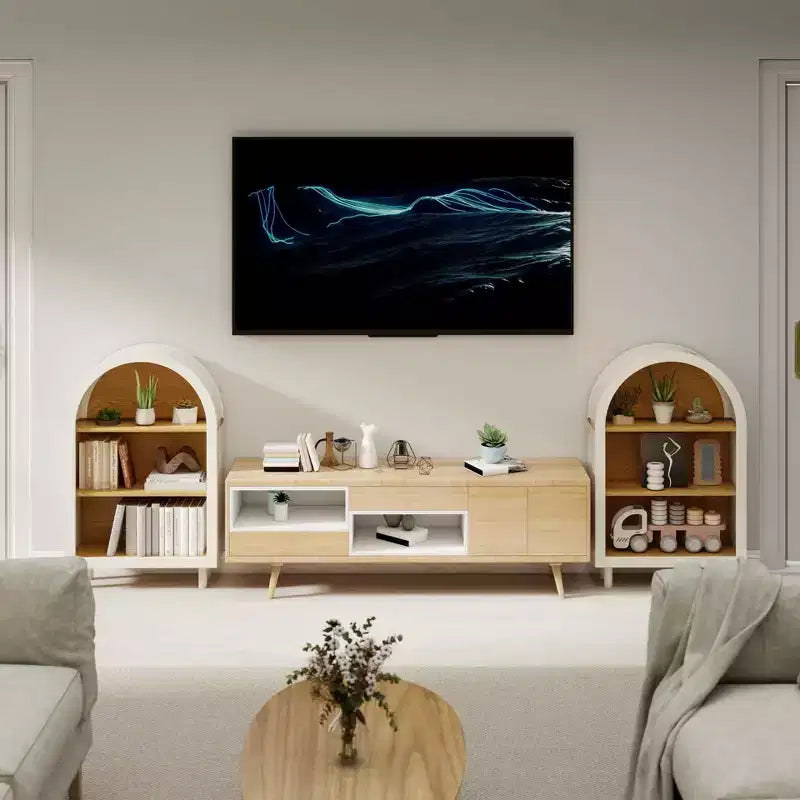 Libreria ad Arco con Armadietto e 3 Ripiani, Scaffale in Legno con Venature per Soggiorno Camera da Letto Bianco