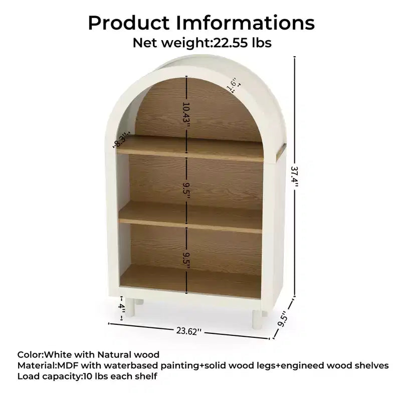 Libreria ad Arco con Armadietto e 3 Ripiani, Scaffale in Legno con Venature per Soggiorno Camera da Letto Bianco