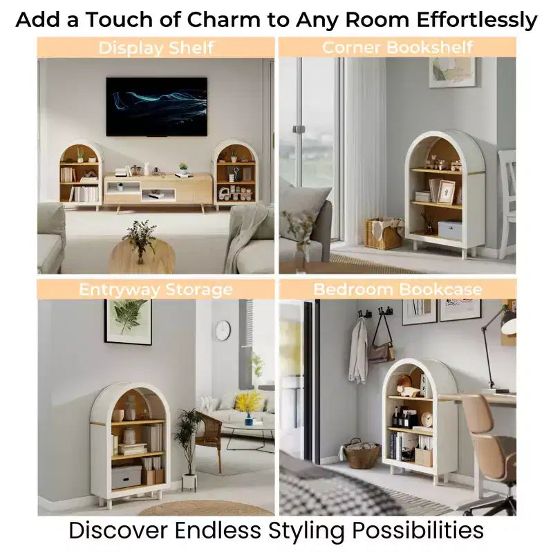Libreria ad Arco con Armadietto e 3 Ripiani, Scaffale in Legno con Venature per Soggiorno Camera da Letto Bianco