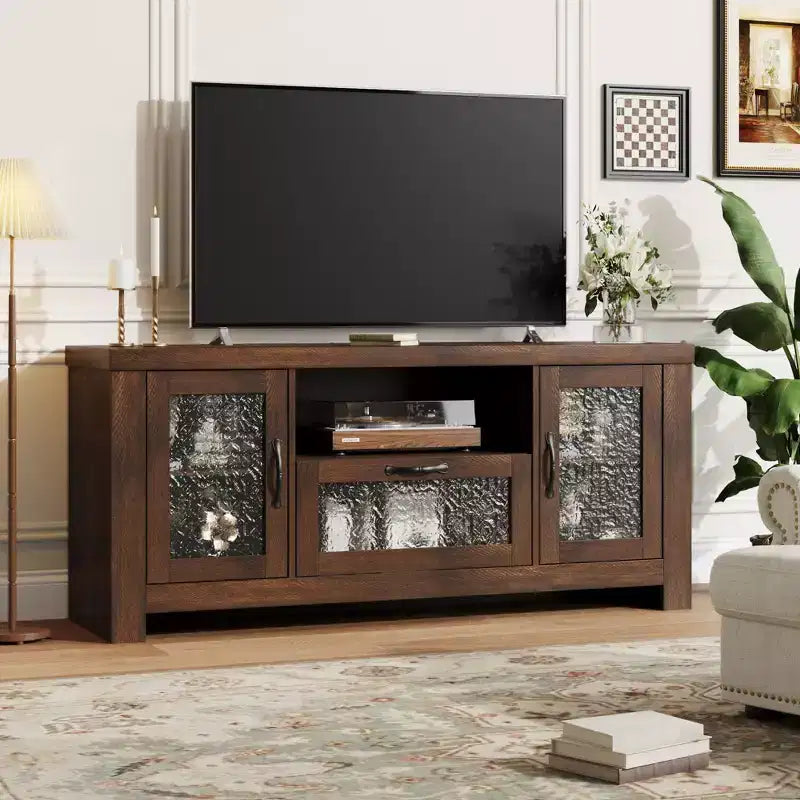 Mobile porta TV da fattoria per TV da 55 pollici, Centro di intrattenimento con anta in acrilico e ripiani regolabili, Credenza buffet con mobiletto contenitore per soggiorno