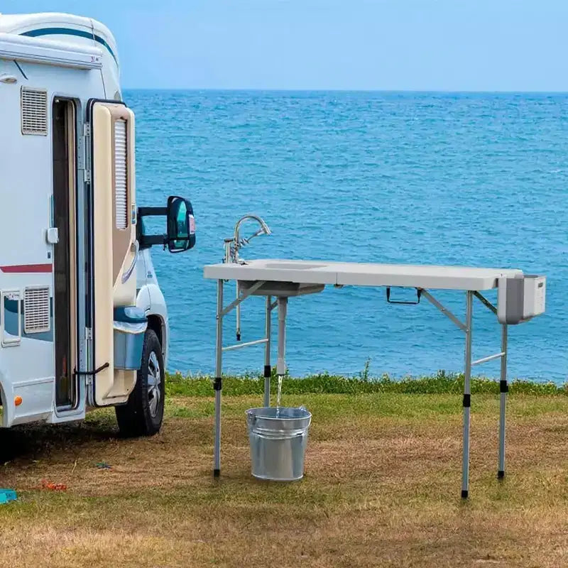 Tavolo pieghevole per pulizia pesce con lavello e attacco tubo, 50" tavolo lavello portatile da esterno per pesca, caccia, camper, giardino
