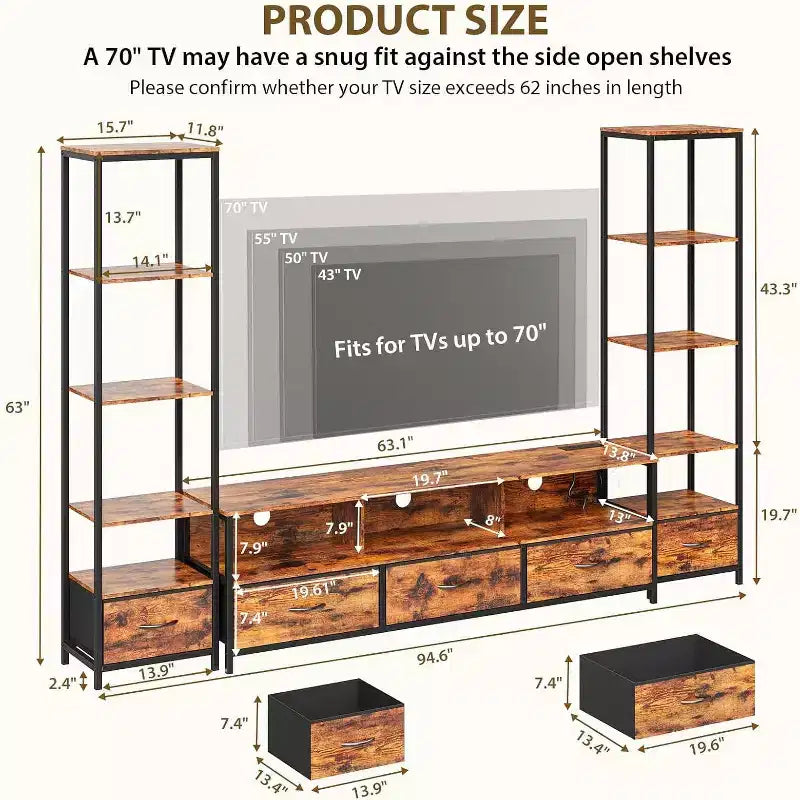 Mobili TV per soggiorno, Porta TV LED con librerie, Mobile TV stile rustico per TV da 65 pollici, Mobile TV per soggiorno