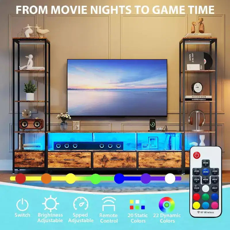 Mobili TV per soggiorno, Porta TV LED con librerie, Mobile TV stile rustico per TV da 65 pollici, Mobile TV per soggiorno