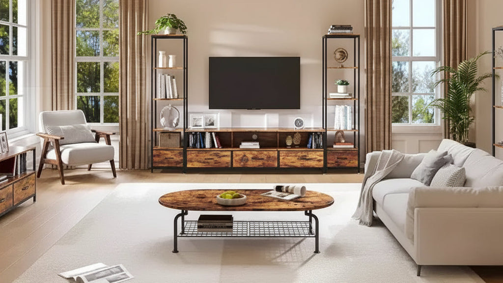 Mobili TV per soggiorno, Porta TV LED con librerie, Mobile TV stile rustico per TV da 65 pollici, Mobile TV per soggiorno