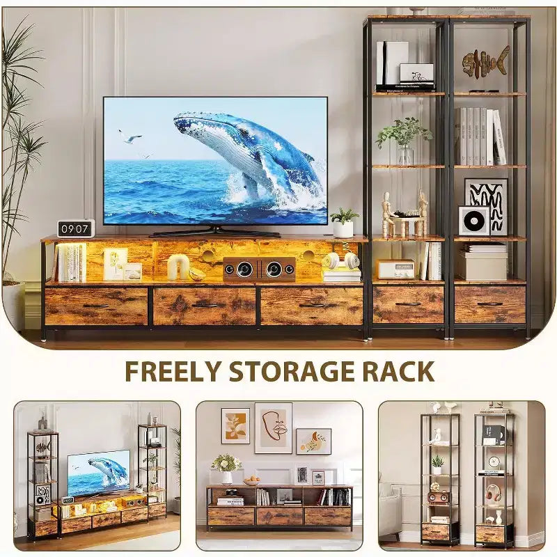 Mobili TV per soggiorno, Porta TV LED con librerie, Mobile TV stile rustico per TV da 65 pollici, Mobile TV per soggiorno