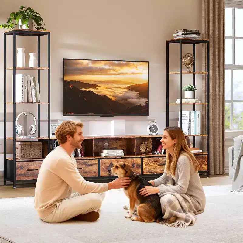 Mobili TV per soggiorno, Porta TV LED con librerie, Mobile TV stile rustico per TV da 65 pollici, Mobile TV per soggiorno