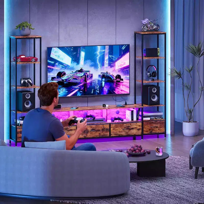 Mobili TV per soggiorno, Porta TV LED con librerie, Mobile TV stile rustico per TV da 65 pollici, Mobile TV per soggiorno