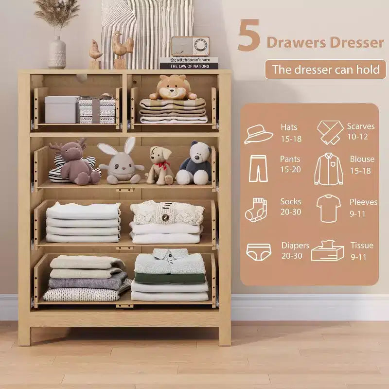 Comò in Legno con Finitura Naturale, Cassettiera Moderna per Camera da Letto, Cameretta e Corridoio