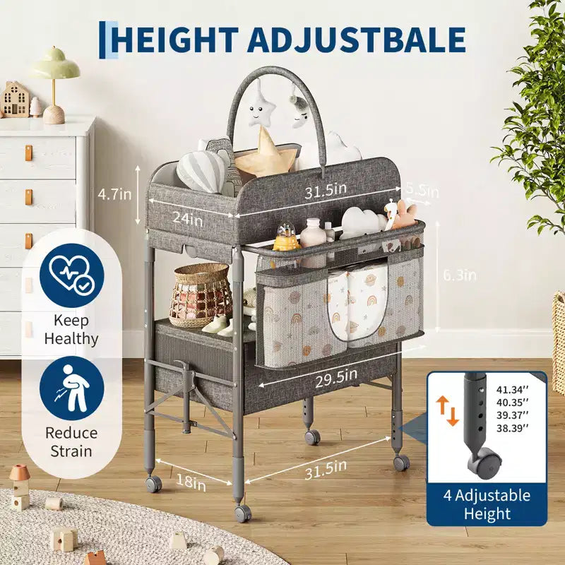 Fasciatoio Pieghevole Portatile con Materassino Impermeabile, Stazione Regolabile in Altezza con Cassetti Portaoggetti, Organizer Mobile per Neonati e Bambini