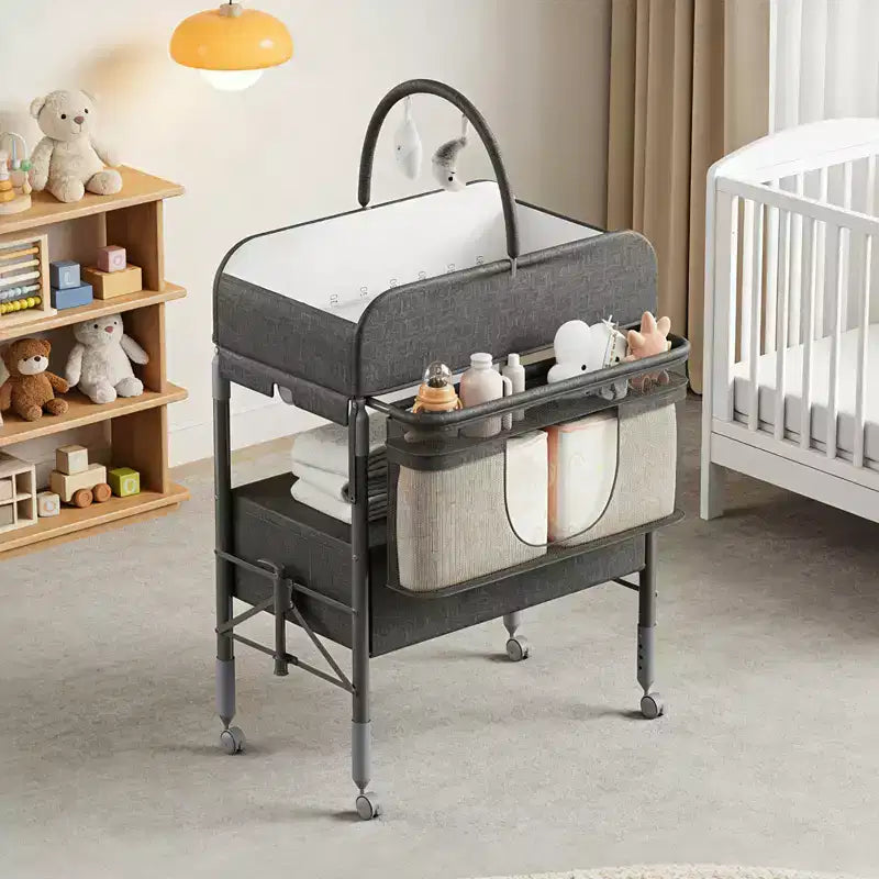 Fasciatoio Pieghevole Portatile con Materassino Impermeabile, Stazione Regolabile in Altezza con Cassetti Portaoggetti, Organizer Mobile per Neonati e Bambini