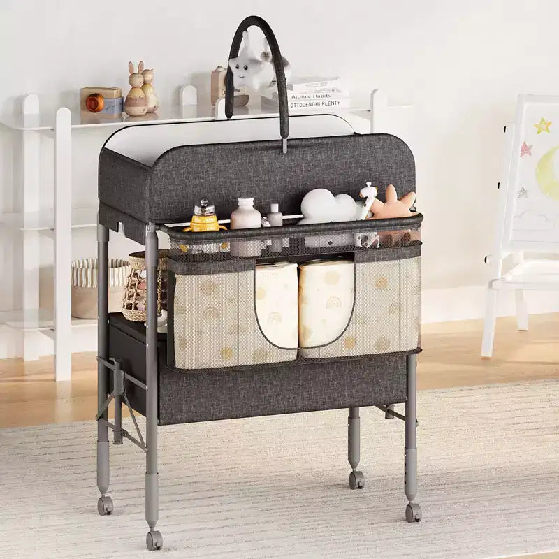 Fasciatoio Pieghevole Portatile con Materassino Impermeabile, Stazione Regolabile in Altezza con Cassetti Portaoggetti, Organizer Mobile per Neonati e Bambini