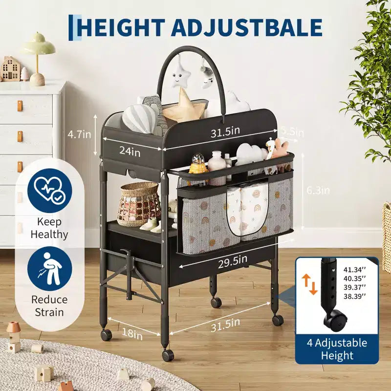 Fasciatoio Pieghevole Portatile con Materassino Impermeabile, Stazione Regolabile in Altezza con Cassetti Portaoggetti, Organizer Mobile per Neonati e Bambini
