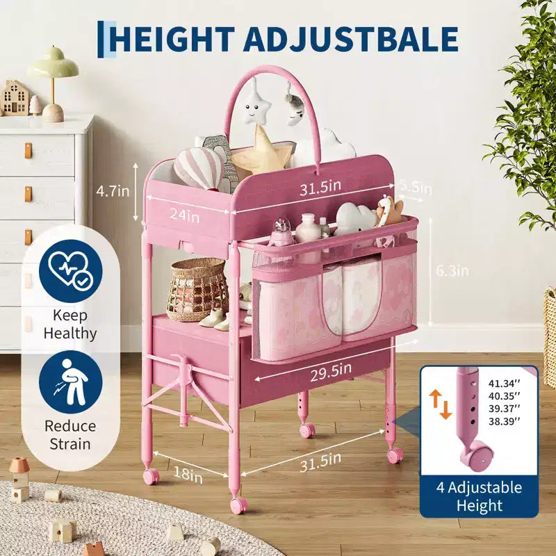 Fasciatoio Pieghevole Portatile con Materassino Impermeabile, Stazione Regolabile in Altezza con Cassetti Portaoggetti, Organizer Mobile per Neonati e Bambini