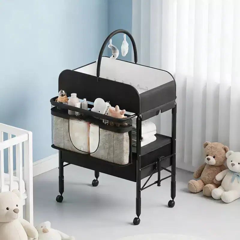 Fasciatoio Pieghevole Portatile con Materassino Impermeabile, Stazione Regolabile in Altezza con Cassetti Portaoggetti, Organizer Mobile per Neonati e Bambini