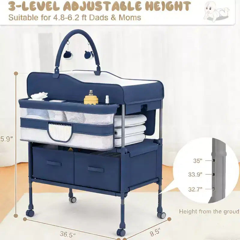 Fasciatoio Pieghevole Portatile con Materassino Impermeabile, Stazione Regolabile in Altezza con Cassetti Portaoggetti, Organizer Mobile per Neonati e Bambini
