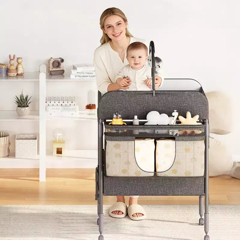 Fasciatoio Pieghevole Portatile con Materassino Impermeabile, Stazione Regolabile in Altezza con Cassetti Portaoggetti, Organizer Mobile per Neonati e Bambini