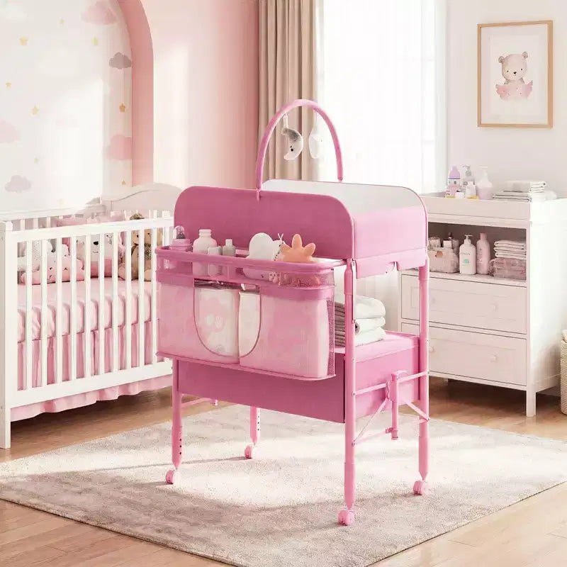 Fasciatoio Pieghevole Portatile con Materassino Impermeabile, Stazione Regolabile in Altezza con Cassetti Portaoggetti, Organizer Mobile per Neonati e Bambini