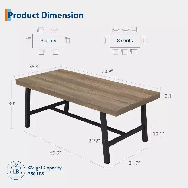 Tavolo da pranzo rettangolare da 152 cm per 6-8 persone, tavolo da pranzo grande e lungo con piano in legno rustico, struttura robusta in metallo, stile industriale moderno