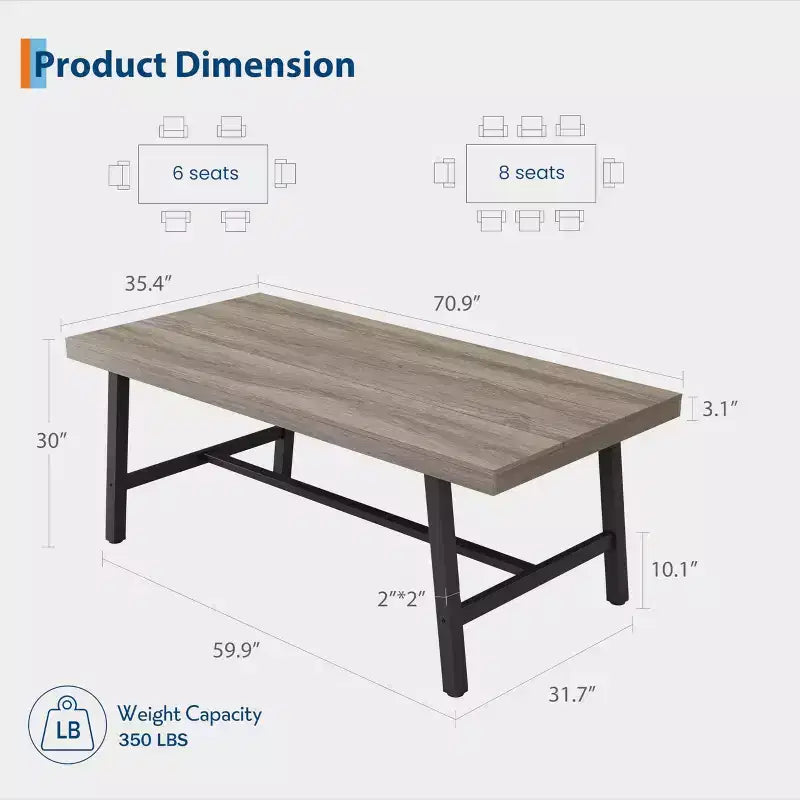 Tavolo da pranzo rettangolare da 152 cm per 6-8 persone, tavolo da pranzo grande e lungo con piano in legno rustico, struttura robusta in metallo, stile industriale moderno