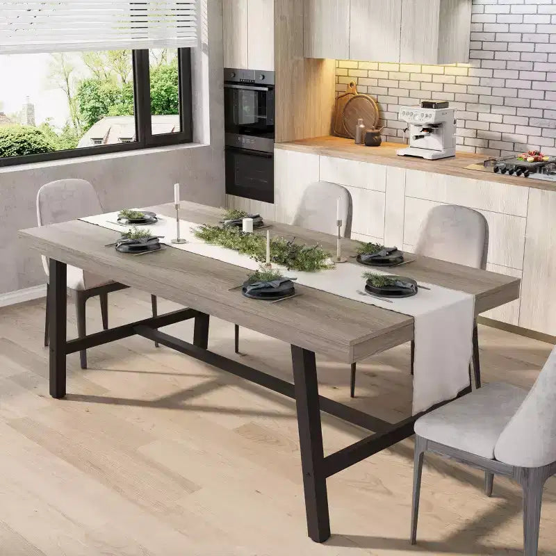Tavolo da pranzo rettangolare da 152 cm per 6-8 persone, tavolo da pranzo grande e lungo con piano in legno rustico, struttura robusta in metallo, stile industriale moderno