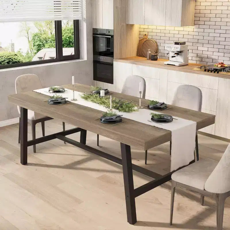 Tavolo da pranzo rettangolare da 152 cm per 6-8 persone, tavolo da pranzo grande e lungo con piano in legno rustico, struttura robusta in metallo, stile industriale moderno