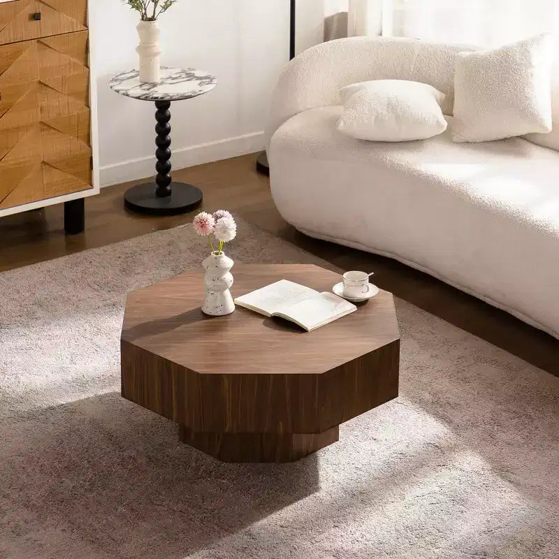 Tavolino da salotto ottagonale in noce con design vintage
