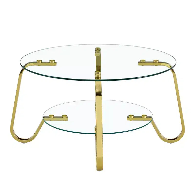 Tavolino da caffè retrò minimalista con struttura in metallo e doppio ripiano in vetro temperato, dimensioni 80x80x45 cm