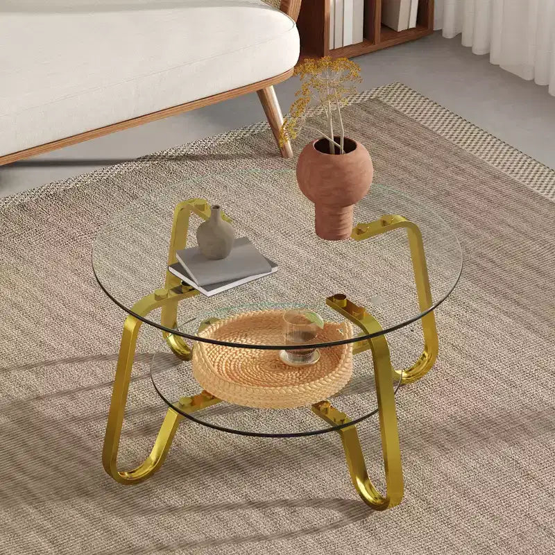 Tavolino da caffè retrò minimalista con struttura in metallo e doppio ripiano in vetro temperato, dimensioni 80x80x45 cm