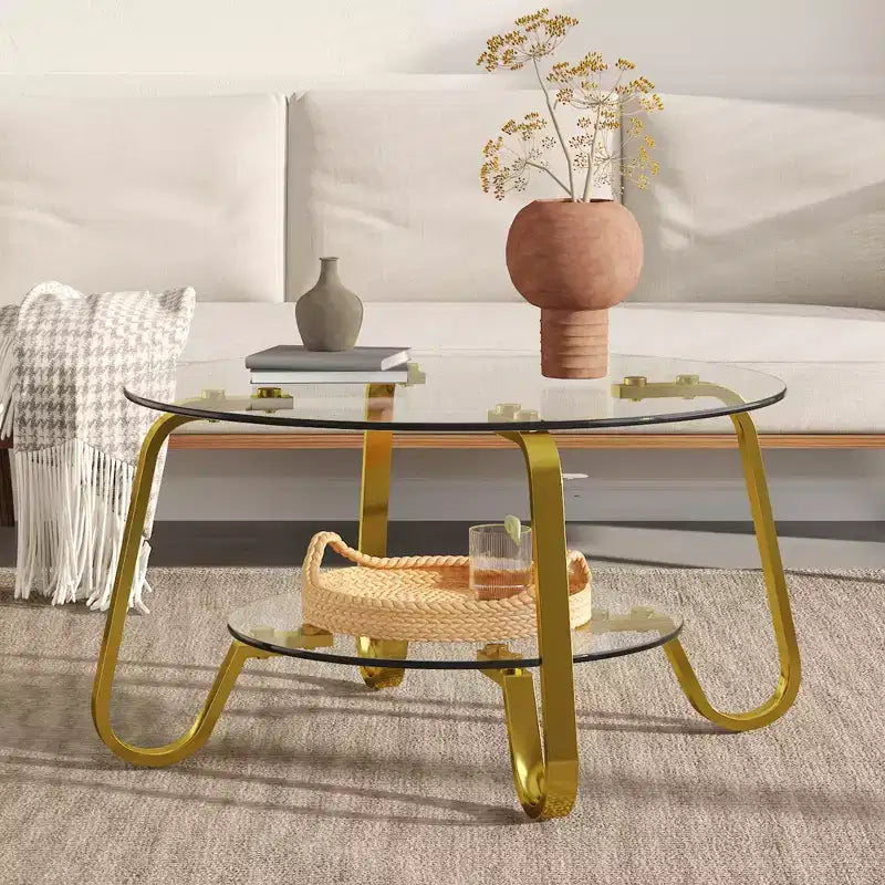 Tavolino da caffè retrò minimalista con struttura in metallo e doppio ripiano in vetro temperato, dimensioni 80x80x45 cm