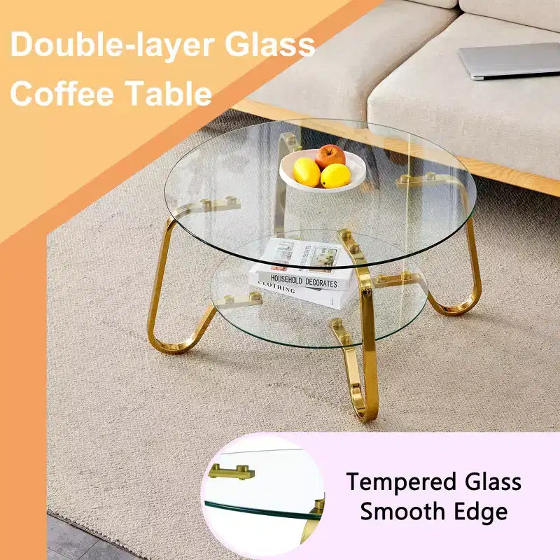 Tavolino da caffè retrò minimalista con struttura in metallo e doppio ripiano in vetro temperato, dimensioni 80x80x45 cm