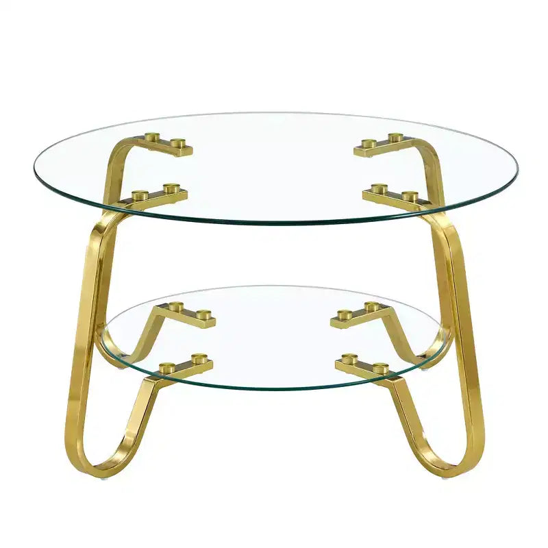 Tavolino da caffè retrò minimalista con struttura in metallo e doppio ripiano in vetro temperato, dimensioni 80x80x45 cm