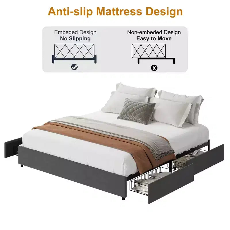 Struttura letto con 4 cassettiTessuto imbottito, facile da montare
