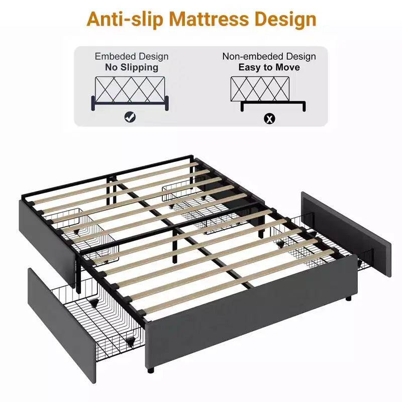 Struttura letto con 4 cassettiTessuto imbottito, facile da montare