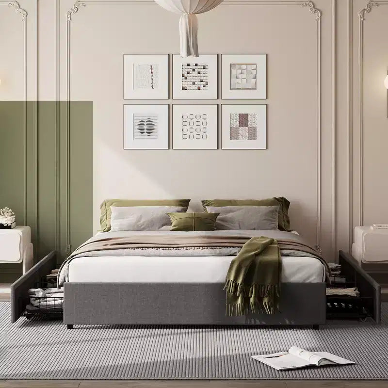 Struttura letto con 4 cassettiTessuto imbottito, facile da montare