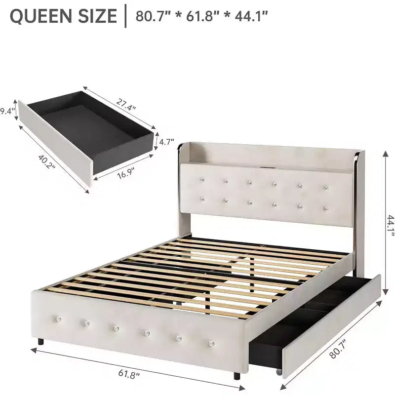 Giroletto con 4 cassetti contenitori, imbottito in velluto, con piattaforma, capacità 450kg, BeigeQUEEN