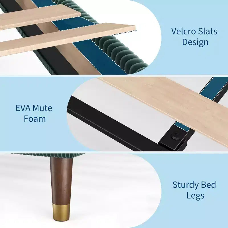 Moderno Telaio Letto Imbottito in Velluto a Coste con Testiera Robuste Doghe in Metallo e Legno, Senza Rumore, Basso Profilo