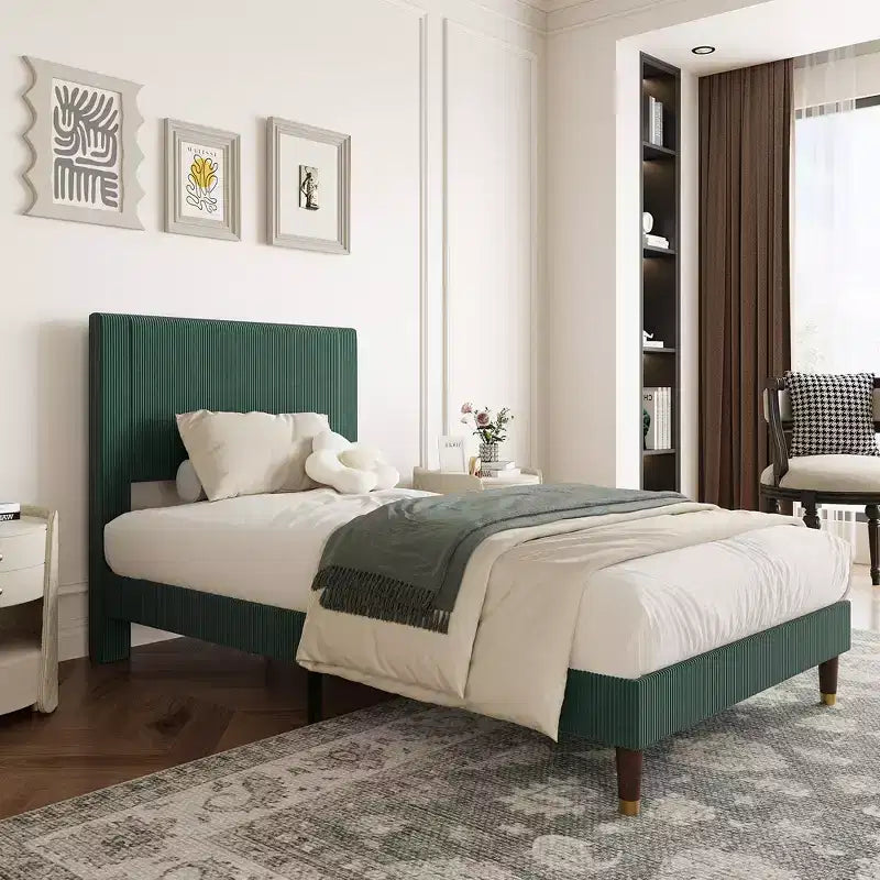 Moderno Telaio Letto Imbottito in Velluto a Coste con Testiera Robuste Doghe in Metallo e Legno, Senza Rumore, Basso Profilo