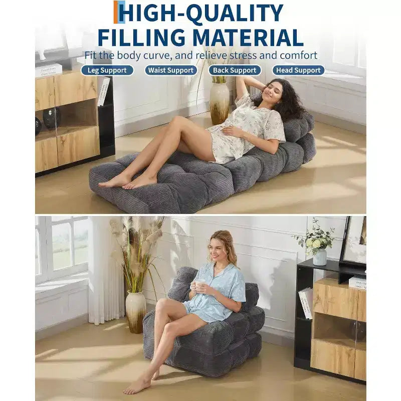 Divano letto convertibile multifunzionale 3 in 1 - Tessuto in velluto a coste trapuntato con bottoni, passo 10 mm, divano letto pieghevole con cuscini, materasso confortevole