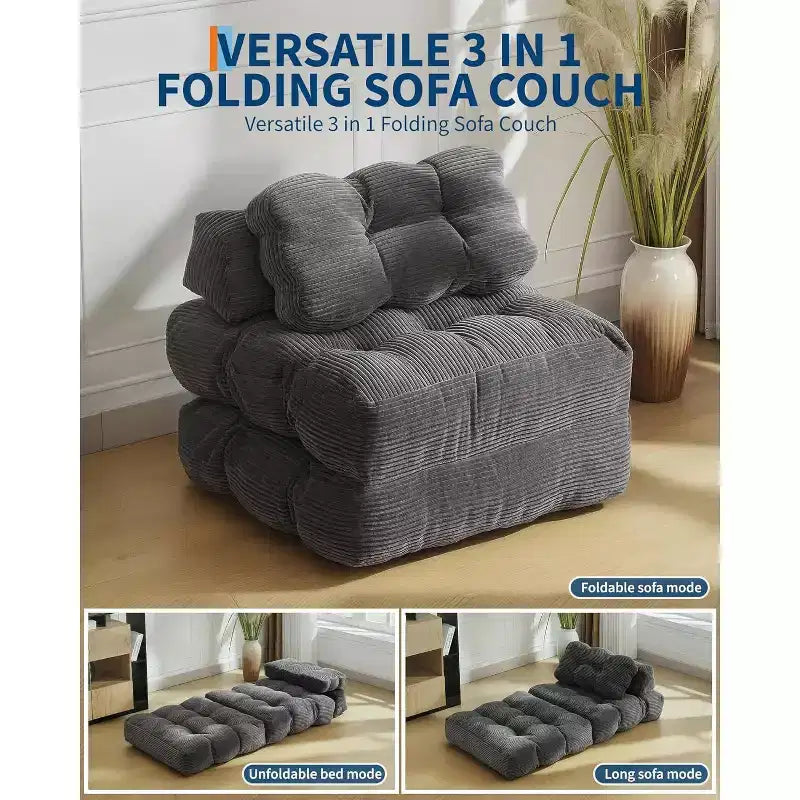 Divano letto convertibile multifunzionale 3 in 1 - Tessuto in velluto a coste trapuntato con bottoni, passo 10 mm, divano letto pieghevole con cuscini, materasso confortevole