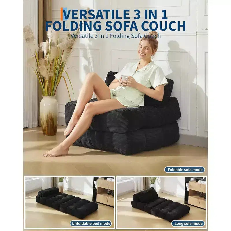 Divano letto convertibile multifunzionale 3 in 1 - Tessuto in velluto a coste trapuntato con bottoni, passo 10 mm, divano letto pieghevole con cuscini, materasso confortevole