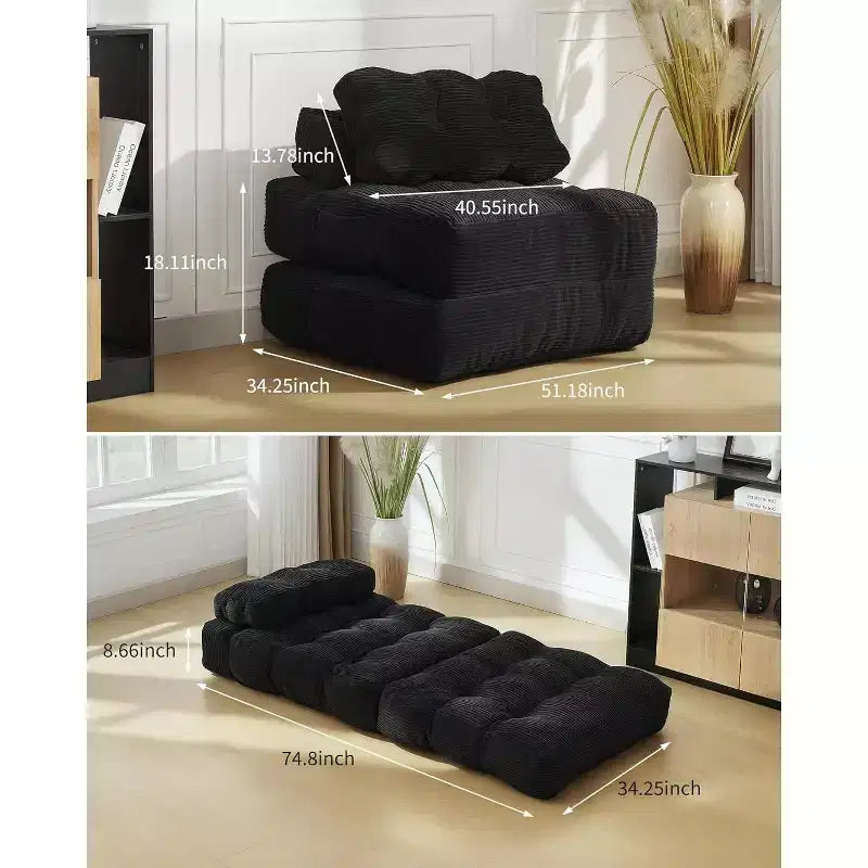 Divano letto convertibile multifunzionale 3 in 1 - Tessuto in velluto a coste trapuntato con bottoni, passo 10 mm, divano letto pieghevole con cuscini, materasso confortevole
