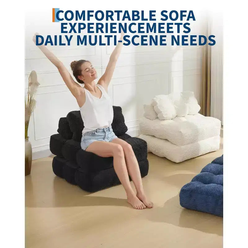 Divano letto convertibile multifunzionale 3 in 1 - Tessuto in velluto a coste trapuntato con bottoni, passo 10 mm, divano letto pieghevole con cuscini, materasso confortevole