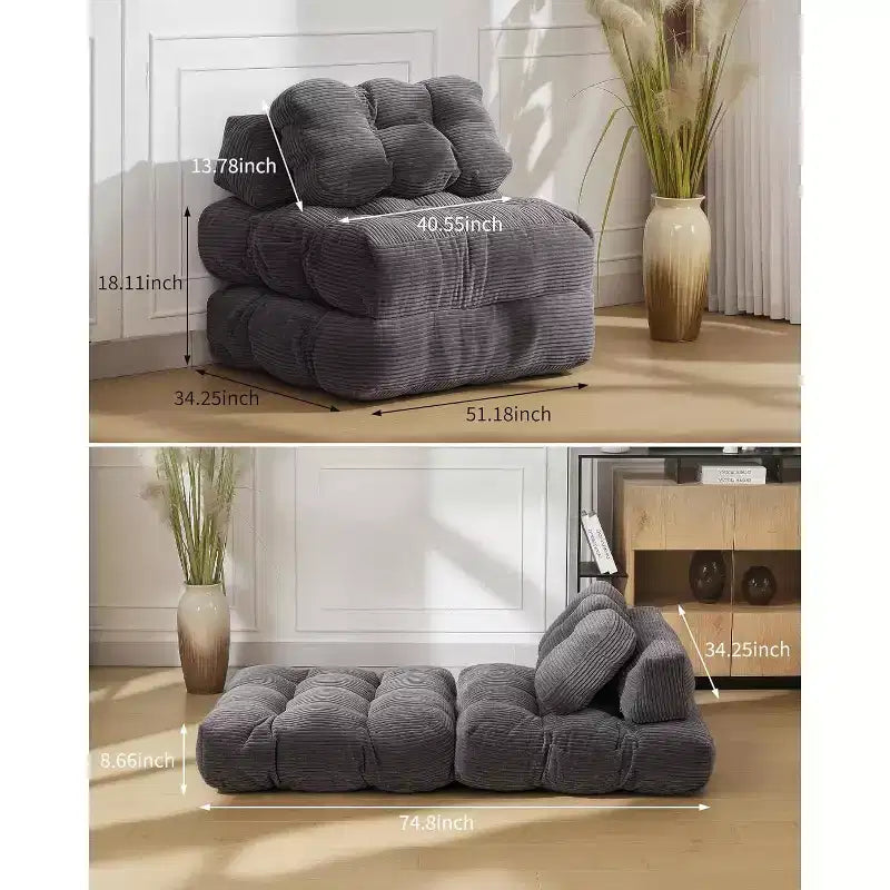 Divano letto convertibile multifunzionale 3 in 1 - Tessuto in velluto a coste trapuntato con bottoni, passo 10 mm, divano letto pieghevole con cuscini, materasso confortevole