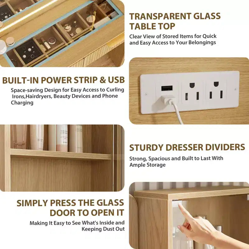 Mobile bagno da incasso con specchio 5 cassetti, ripiano in vetro, ante, ripiani regolabili, gambe in legno e ampio spazio di archiviazione