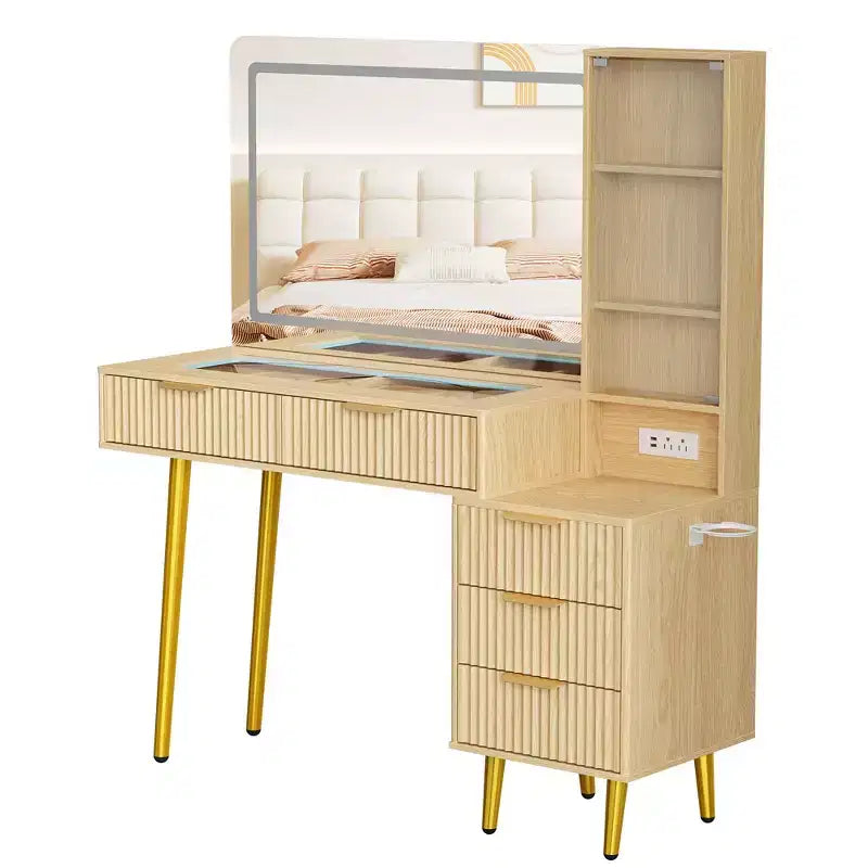 Mobile bagno da incasso con specchio 5 cassetti, ripiano in vetro, ante, ripiani regolabili, gambe in legno e ampio spazio di archiviazione