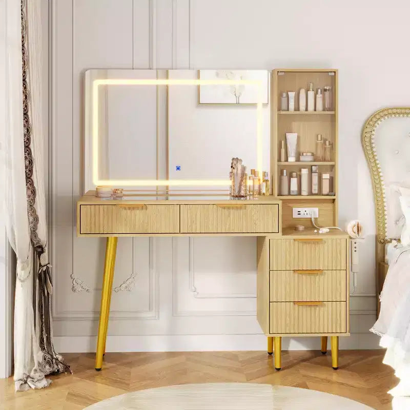 Mobile bagno da incasso con specchio 5 cassetti, ripiano in vetro, ante, ripiani regolabili, gambe in legno e ampio spazio di archiviazione