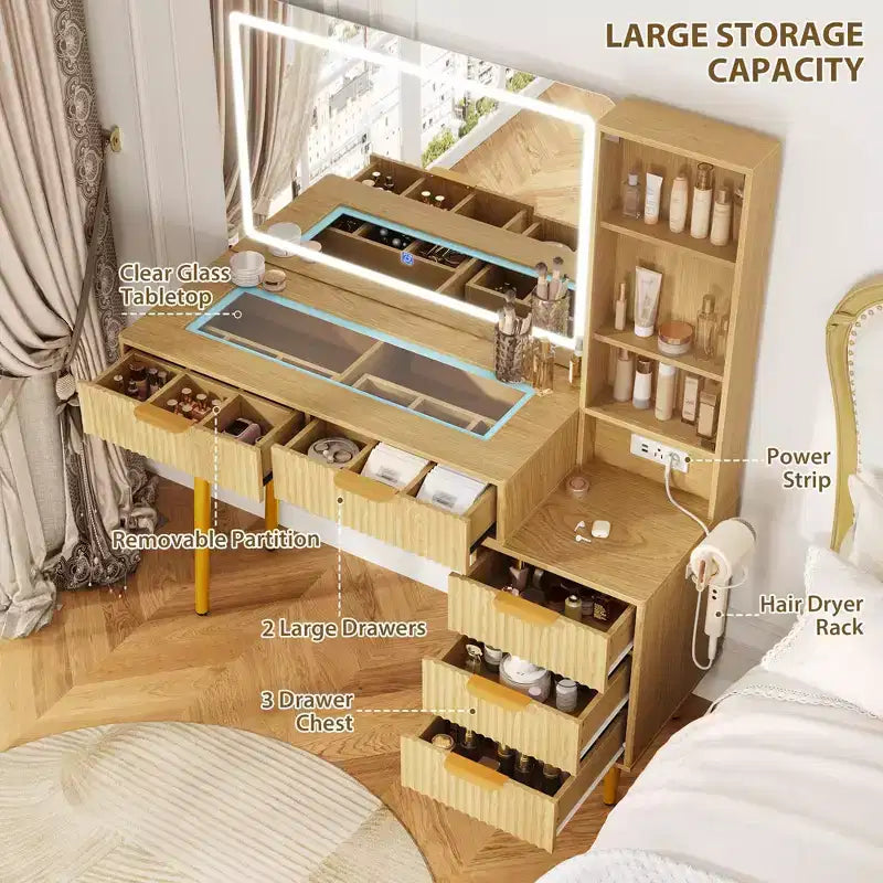 Mobile bagno da incasso con specchio 5 cassetti, ripiano in vetro, ante, ripiani regolabili, gambe in legno e ampio spazio di archiviazione