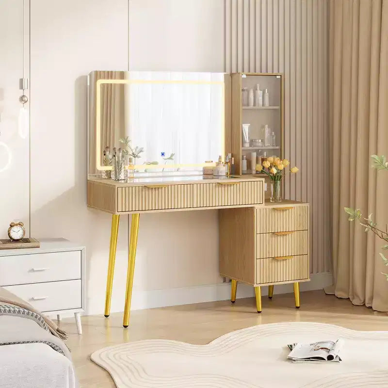 Mobile bagno da incasso con specchio 5 cassetti, ripiano in vetro, ante, ripiani regolabili, gambe in legno e ampio spazio di archiviazione