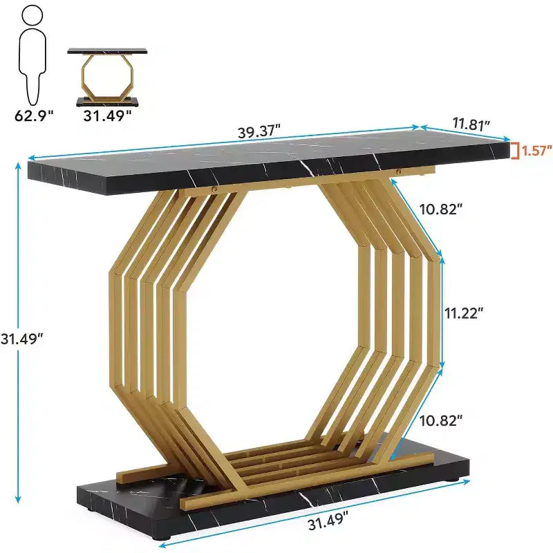 Consolle dorata da 35,4 pollici, tavolo stretto da ingresso effetto marmo con base geometrica in metallo per soggiorno, corridoio, atrio, nero