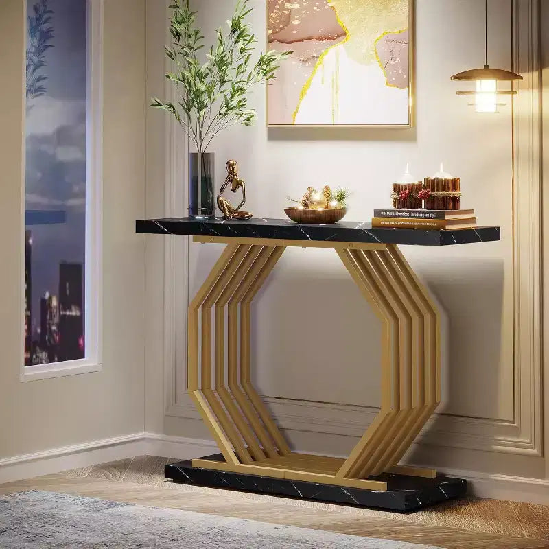 Consolle dorata da 35,4 pollici, tavolo stretto da ingresso effetto marmo con base geometrica in metallo per soggiorno, corridoio, atrio, nero